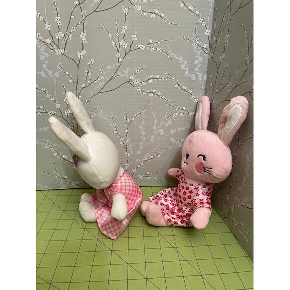 Happy Go Fluffy White & Pink Easter Bunny Rabbit Plush Stuffed Satin 11” Set Lot - Picture 2 of 9